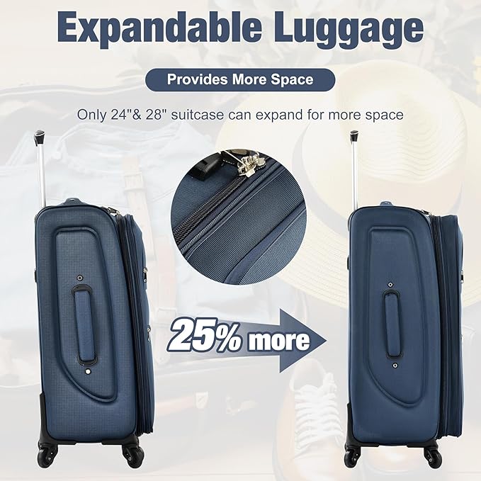 Lightweight Expandable Softside Luggage Sets 3 Piece, Large Capacity Travel Suitcase with Spinner Wheel, TSA Lock, Easy Access Design and Adjustable Telescoping Handle (Dark Blue)