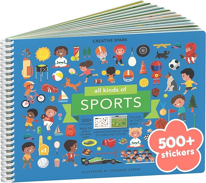 All Kinds of Sports 500+ Kids Sticker Book by Cupkin Fun Toddler Travel Activity Coloring and Sticker Book, Road Trip Essentials, 12 Coloring Pages 12 Scenes for Ages 2–8 Years