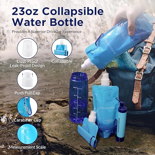 Membrane Solutions Squeezable Water Filtration System, Survival Water Purifier Kit, Portable Backpacking Gear Including Water Filter Straw and 23oz Collapsible Bottle for Hiking Camping Travel(1+2)