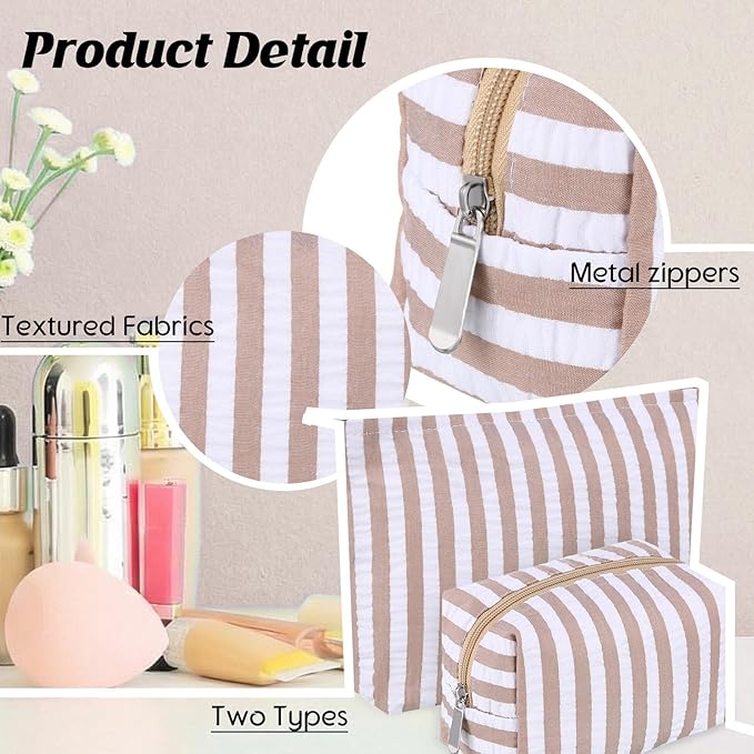 Huhumy 2 Pcs Makeup Bag Set Cute Cosmetic Pouch for Women Seersucker Travel Toiletry Bag Preppy Small Makeup Purse Pouch Aesthetic Skincare Brushes Storage Organizer for Valentine Women(Khaki Wide)