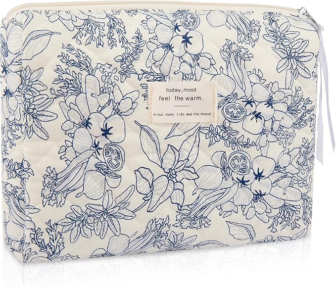 Gosect Large Makeup Bag, Cute Cosmetic Bag for Women Girls, Floral Coquette Aesthetic Toiletry Bag, Travel Make Up Organizer Bag (Navy Blue)