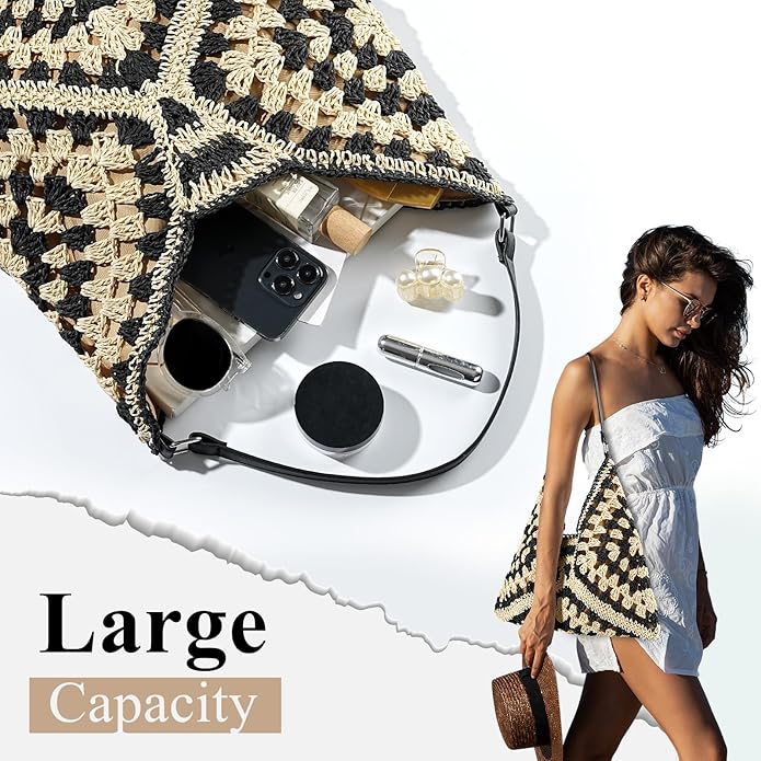Straw Beach Bags for Women - Summer Woven Tote Bag Shoulder Handbags, Large Beach Bag for Women for Holiday