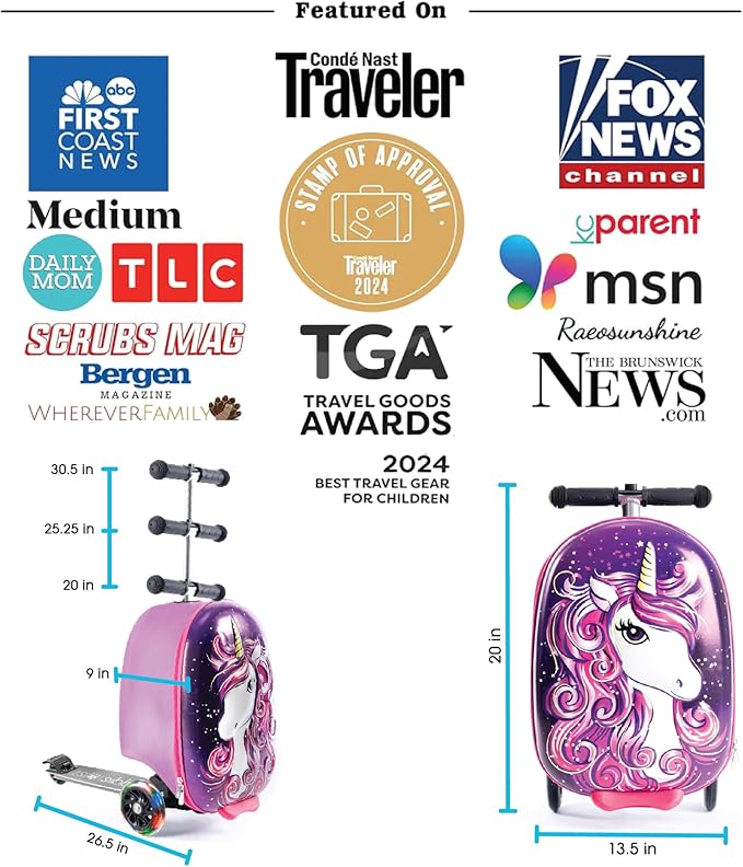 KIDDIETOTES Ride-On Scooter Suitcase for Kids – Hardside Lightweight Carry-On Luggage with Foldable Scooter, LED Wheels, Travel Fun for Toddlers & Children