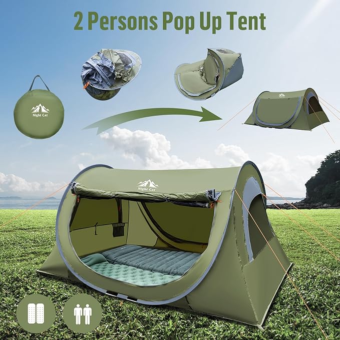Night Cat Pop-up Camping Tent: 2 Person Tent Waterproof Instant Easy Setup Tunnel Tent