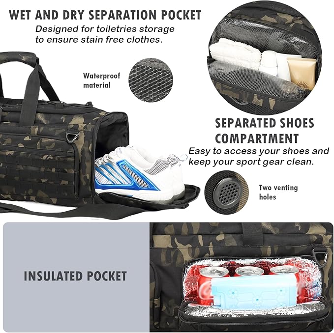 Gym Bag for Men and Women, 50L Extra Large Duffle Bag, 3-in-1 Travel Sports Duffel Bags with Shoe & Laptop Compartment for Overnight Weekender Gym Traveling Workout Deployment, Black CM