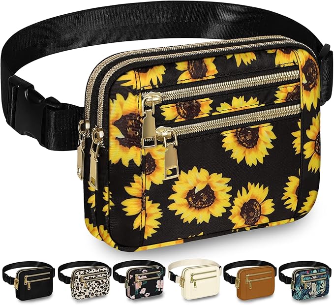 Capolo Fanny Packs for Women Fashion Waist Packs Bag with Adjustable Strap and 4 Zipper Pockets Waterproof Everywhere Crossbody Belt Bag for Workout Running Travelling(Sunflower)