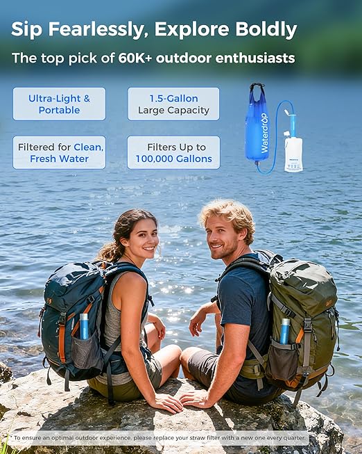 Waterdrop Gravity Water Filter Straw, Camping Water Filtration System, Water Purifier Survival for Travel, Backpacking and Emergency Preparedness, 1.5 gal Bag, 5 Stage Filtration, Pack of 1