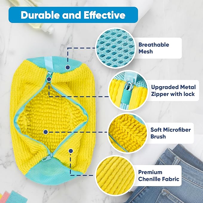 Shoe Washing Machine Bag – 2 Pcs Reusable Laundry Shoe Bag, 360° Deep Cleaning Sneaker Washing Bag, Durable Mesh Net with Zipper Protection, Fits All Shoe Types & Sizes (Yellow, 14.8 × 7.4 Inches)