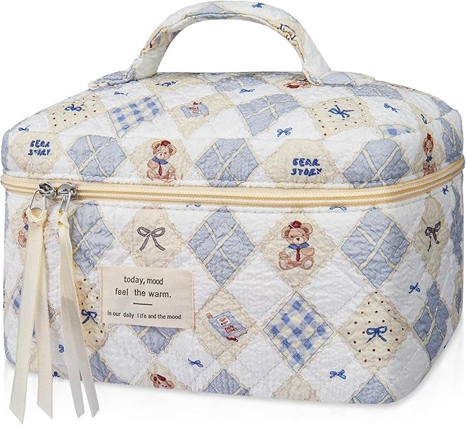 Gosect Large Makeup Bag, Cute Cosmetic Bag for Women Girls, Floral Coquette Aesthetic Toiletry Bag, Travel Make Up Organizer Bag (Check Bear)