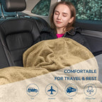BEDELITE Travel Blanket with Bag, Ultra-Soft Jacquard Fleece Blanket with Luggage Sleeve & Backpack Clip, Airplane Blanket Travel Essentials, Camel