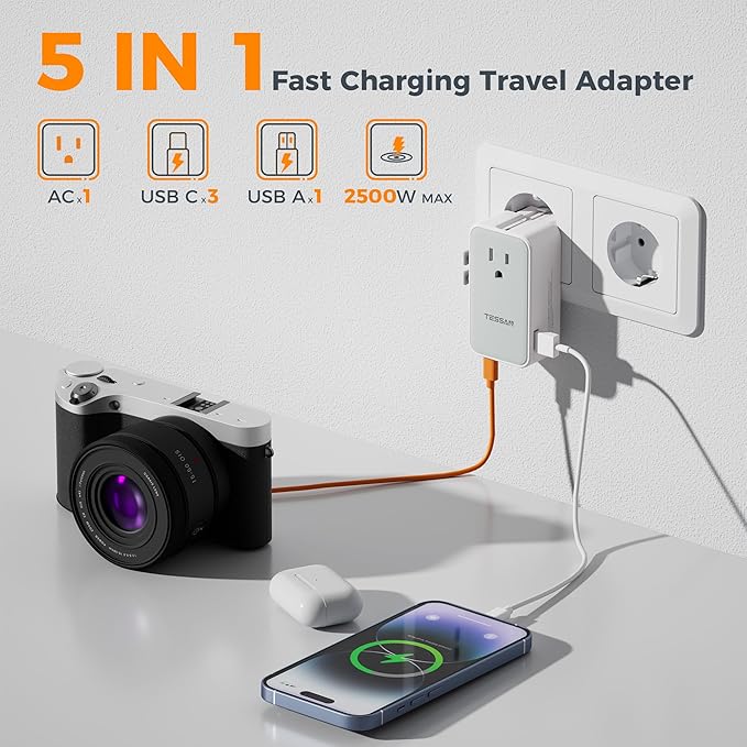 TESSAN Universal Travel Adapter 70W, Ultra Thin International Power Adapter with 4 USB Ports (3 USB C), Worldwide Plug Adaptor for US to European UK Australia Spain France Ireland (Type C G A I)