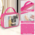 Wedama TSA Approved Toiletry Bag, 3 Pack Clear Makeup Bags with Handles, Quart Size PVC Clear Cosmetic Bags for Women and Men, Carry on Airport Airline Compliant Bag, Rose Red