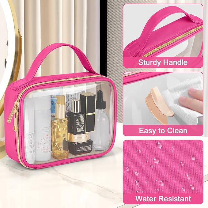 Wedama TSA Approved Toiletry Bag, 2 Pack Clear Makeup Bags with Handles, Quart Size PVC Clear Cosmetic Bags for Women and Men, Carry on Airport Airline Compliant Bag, Rose Red
