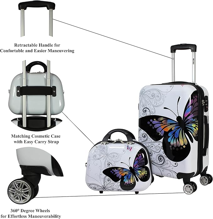 World Traveler VentureX Airline Approved 2-Piece Carry-On Luggage Set – Lightweight Hardside Polycarbonate Suitcase with Spinner Wheels - Butterfly