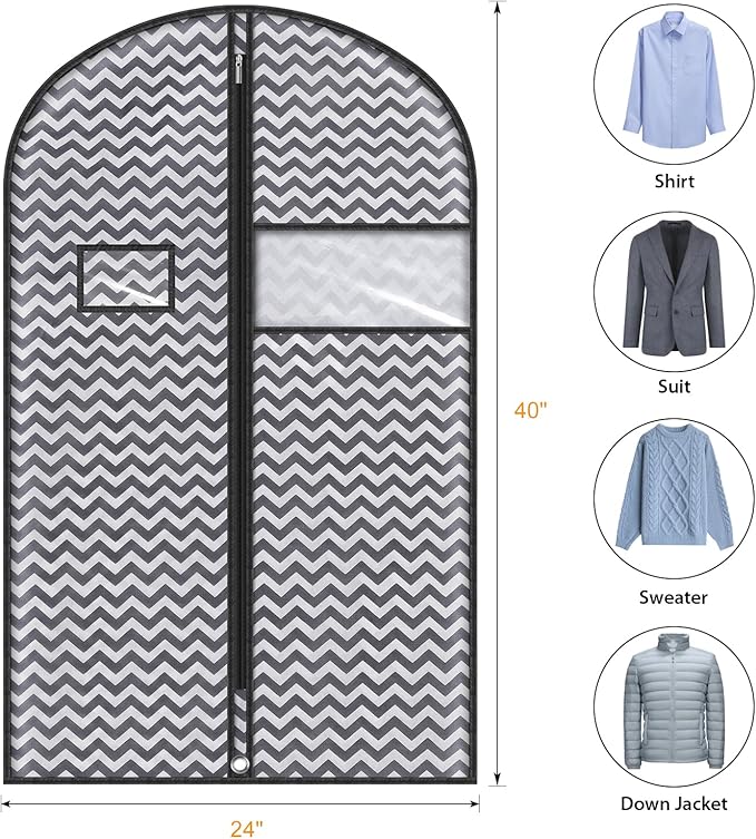 Syeeiex 40" Suit Bag, Set of 5 Garment Bags for Hanging Clothes, Suit Bags for Closet Storage, Garment Bags for Storage Suits,T-shirts, Jackets and Coats (Dark Grey)