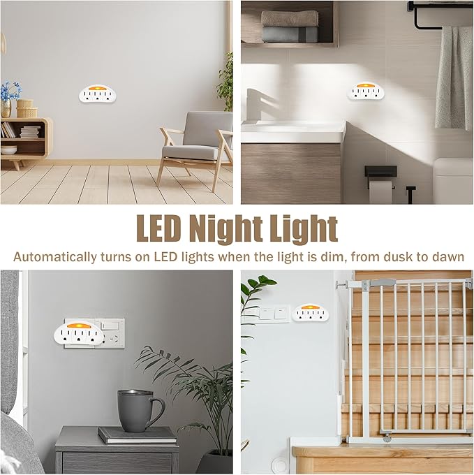 3-Prong 3-Outlet Plug Wall Mount Extender 2 Pack, 3-Prong to 3-Prong 3 Side Outlet Plug Splitter Converter, Multi Plug Outlet Spaced Adapter with Light-Sensing/Warm Night Light, ETL Listed, White