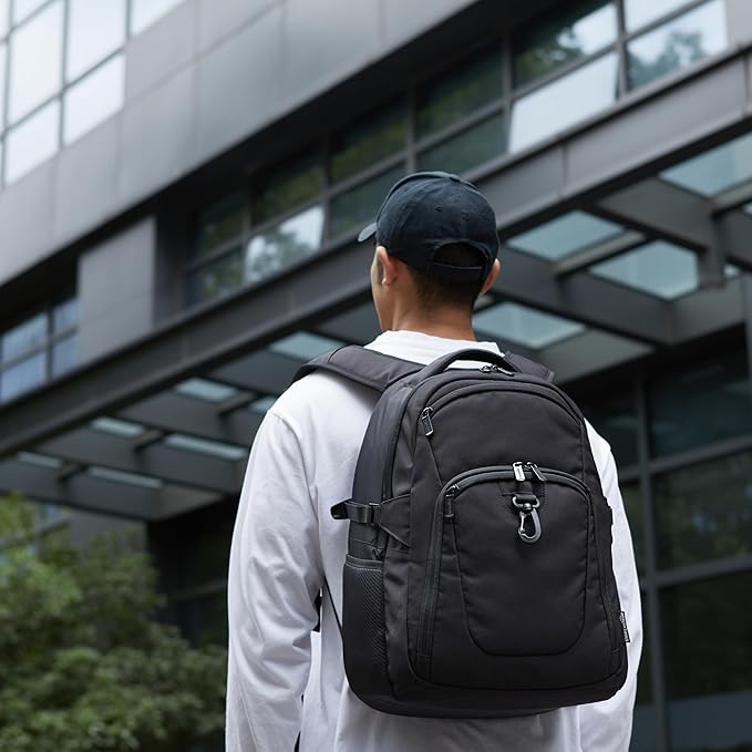 Amazon Basics Travel Laptop Backpack with Multiple Pockets and Compartments for 15.6 inch Laptop, Water Resistant, Spacious with Padded Shoulder Straps, Black | for 15.6 inch Laptop