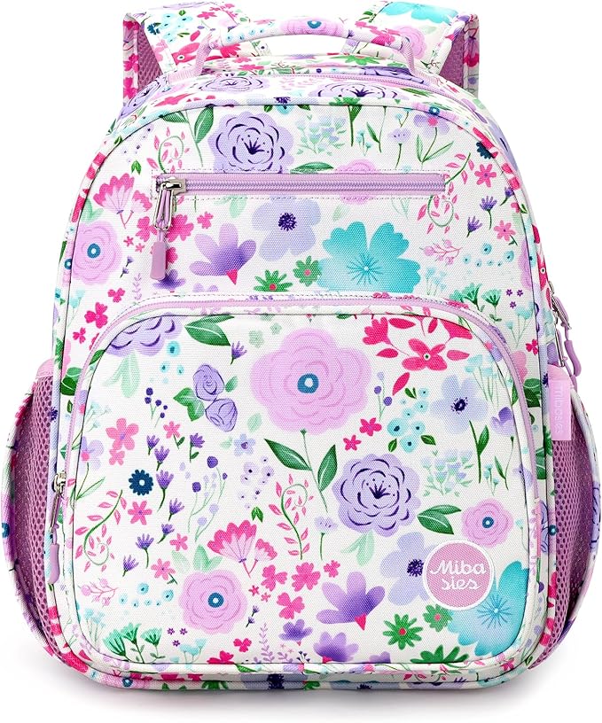 mibasies Kids Backpack for Girls: Girls Backpack 5-8 - Kindergarten Elementary School Bookbag for Girl - Flower Light Purple