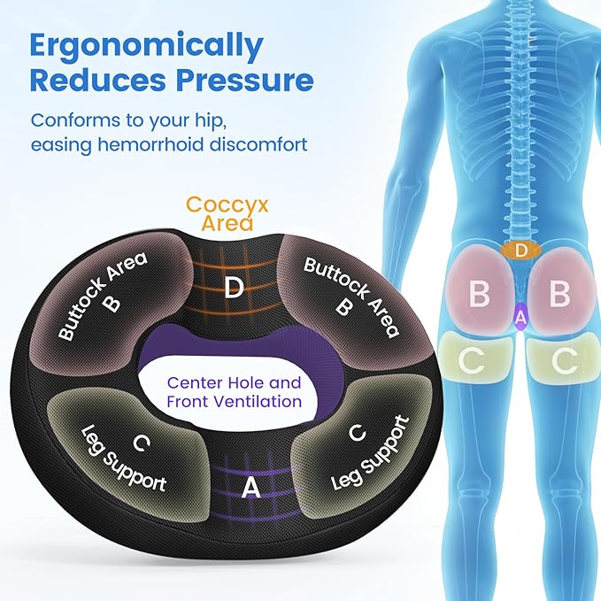 Donut Pillow for Tailbone Pain, Hemorrhoids - Cooling Gel Memory Foam Chair Seat Cushion for Office, Home & Wheelchair, Ergonomic Chair Pad for Pregnancy, Sciatica, Coccyx (XXL, Black)