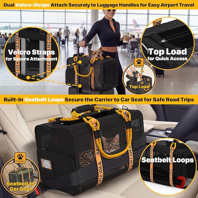PAWZIDEA Expandable Pet Carrier Airline Approved, 18"×11"×11" Small Dog Carriers, Collapsible Top-Load Cat Carrier for 2 Cats Under Seat, Soft-Sided Puppy & Animal Travel Bag, ID Card, Up to 15lbs