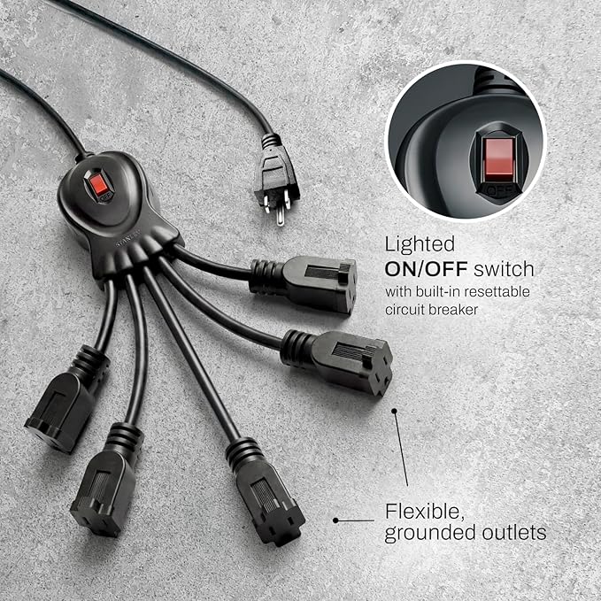 STANLEY PowerSquid 5 Outlet Multiplier Cord 3 Ft 125V/15A 1875W Power Cord Splitter 14/3 AWG Cable Extension Cord 3 Prong AC Black Power with Circuit Breaker for Monitor Computer TV Laptop