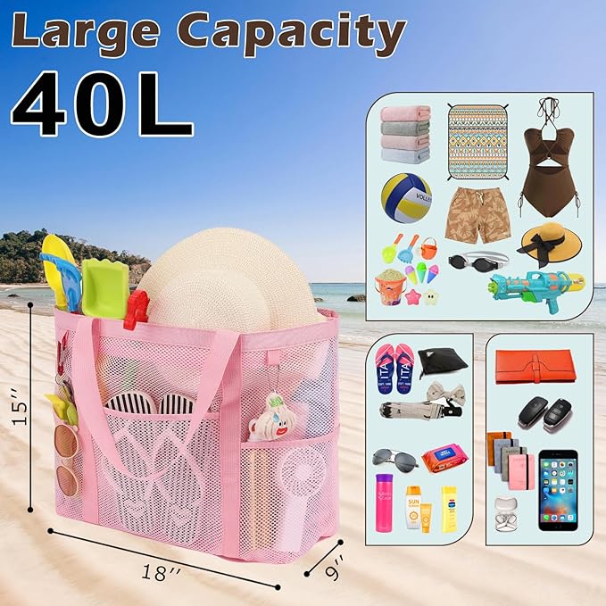Fammart Mesh Beach Bag with Zipper, Large Beach Tote for Women, Toys Pool Swim Bag Travel Vacation Cruise Essentials