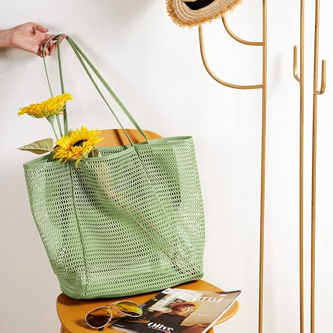 KALIDI Beach Nylon Mesh Tote Bag, Casual Tote Bag Hobo Women Foldable MAX 23L Shoulder Bag For Beach Picnic Vacation