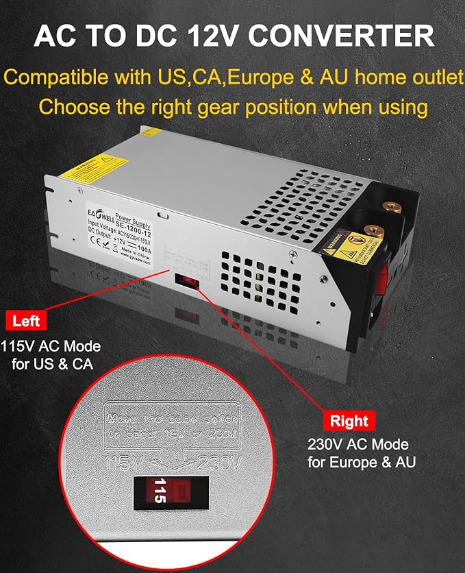 New Version 110V AC to 12V DC Converter 12V Power Supply, Universal SMPS Transformer for RV, Pump, LED Strip, CCTV, Car Stereo,Diesel Heater (1200W Power Supply)