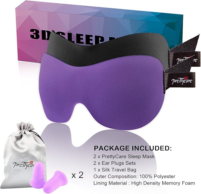 PrettyCare 3D Sleep Mask 2 Pack, Eye Mask for Side Sleeper - 3D Contoured Sleeping Mask Block Out Light for Men Women- No Eye Pressuer Night Masks with Ear Plugs & Travel Bag (Black＆Purple)