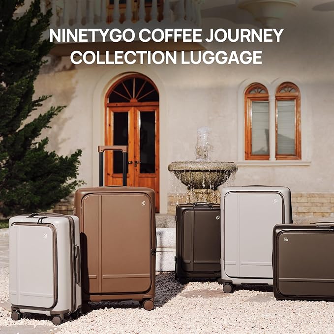 NINETYGO Carry On Luggage 22x14x9 Airline Approved, 20 Inch Suitcase with Front Compartment, Coffee-Infused PC Hard Shell, Eco-Friendly, Cup Holder, Clamshell, TSA Lock, Spinner Wheels (Flat White)