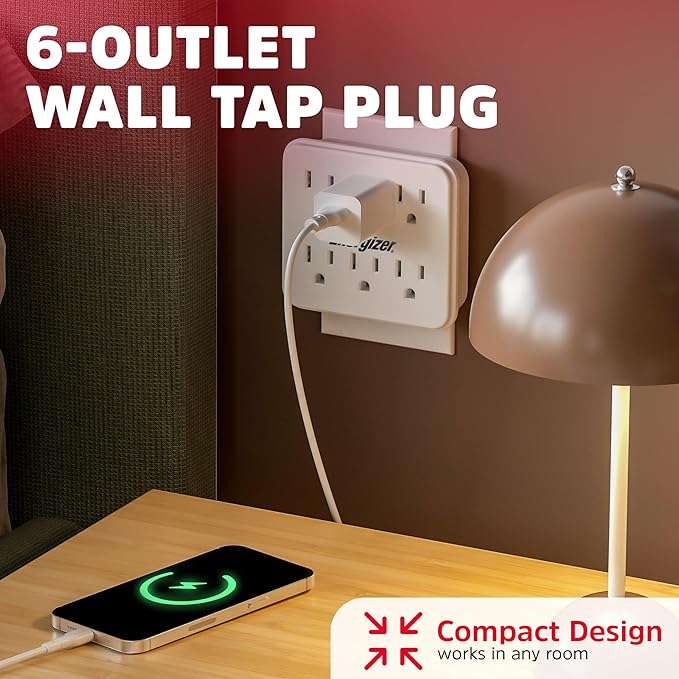Energizer 6 Device Multi Plug Wall Outlet Extender (6) AC Power Outlets Grounded Power Strip Expander Outlet Splitter Plug in Adapter