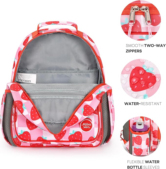 mibasies Kids Backpack for Girls: Girls Backpack 5-8 - Kindergarten Elementary School Bookbag for Girl - Strawberry Red