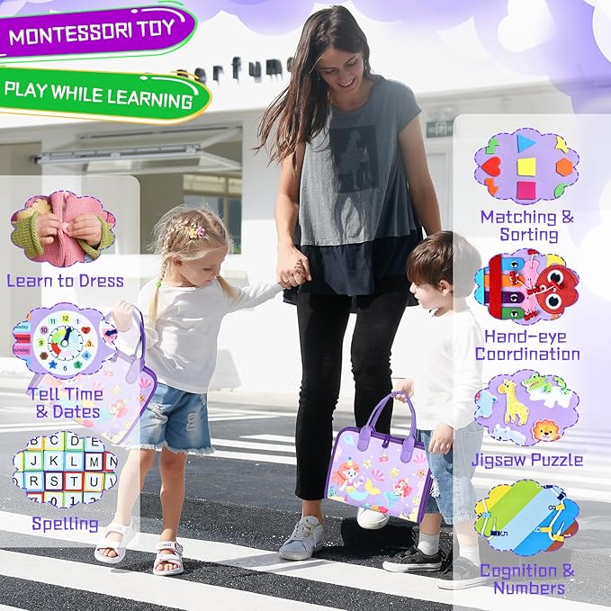 Esjay Toddler Busy Board Montessori Toys for Girls, Sensory Book Educational Activities Learning Fine Motor Skills, Birthday Gifts for Girls Toddlers, Travel Toys for Airplane Car, Purple Merpeople
