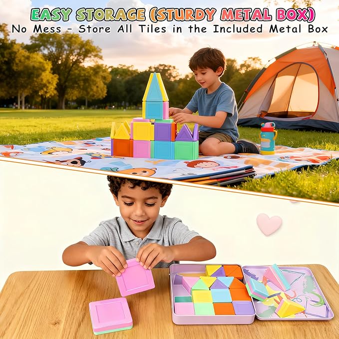 Magnetic Tiles,60PCS Magnetic Building Blocks with Metal Storage Box,Magnetic Tiles for Kids Ages 3+,Magnet Tiles for Boys & Girls(Macaron)