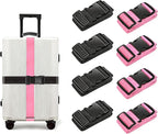 BILIONE Luggage Straps, 79" Long Belts Keep Suitcase Secure While Traveling, TSA Approved Add a Bag Premium Accessory for Travel Bag Closure (Black+Pink, 8Pcs)
