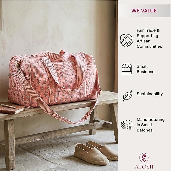 ATOSII Large Duffle Bag, Handblock Print 100% Quilted Cotton for Overnight Trip, Travel Weekender, Luggage, 2 Pockets with Zipper 1 Front Pocket, Detachable Long Strap, 20 X 10 X 12 Inches, Peach Aura