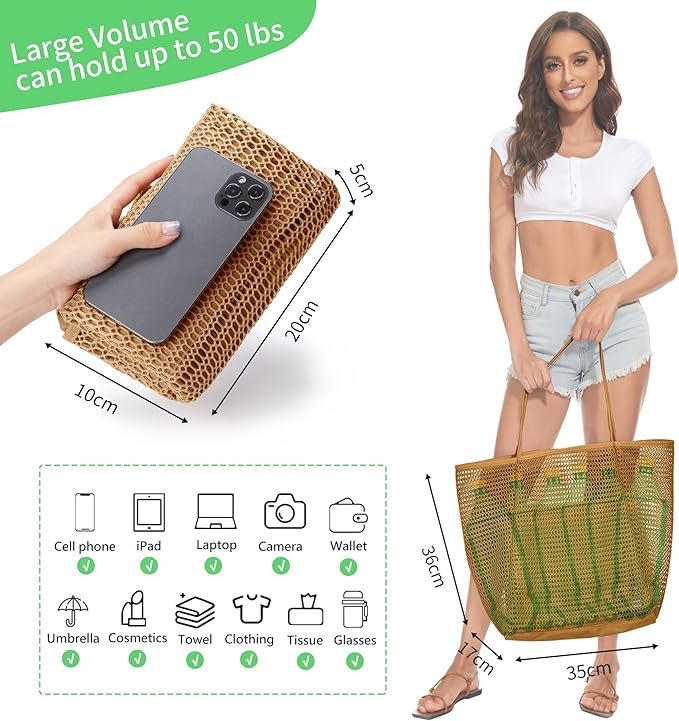 KALIDI Beach Nylon Mesh Tote Bag, Casual Tote Bag Hobo Women Foldable MAX 23L Shoulder Bag For Beach Picnic Vacation