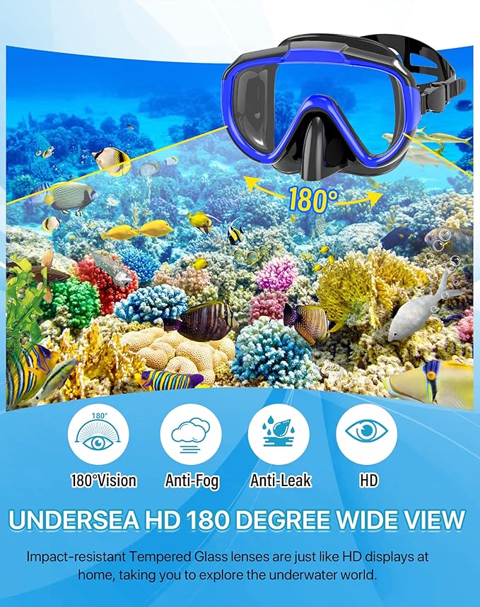 Ubekezele Snorkeling Gear for Adults Men Women,4 in 1 Snorkel Set with Panoramic View Diving Mask Anti-Fog Anti-Leak,Dry Top Snorkel,Fins and Travel Bag for Swimming,Snorkeling and Travel Diving