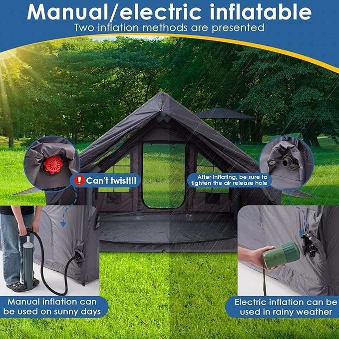 Inflatable Camping Tent with Electric Air Pump - 420D Heavy Duty Oxford - 5 Min Auto-Inflation - Panoramic Stargazing Skylight - 4 Season Luxury Glamping Cabin, 4-10 Person Multiple Sizes