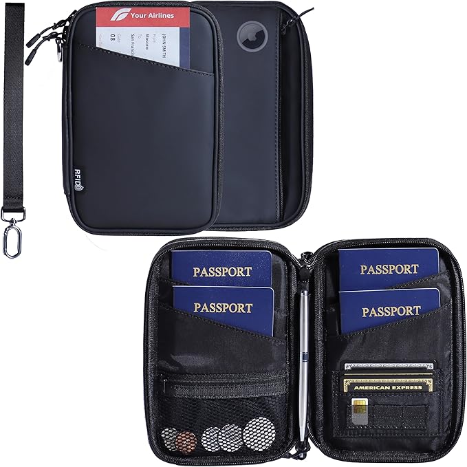 Family Passport Holder for 4, Black Passport Wallet for Travel, Passport Cover RFID Blocking for Women, Waterproof Wallet with Zipper, Airtag Passport Case for Men, Multiple Passport Bag
