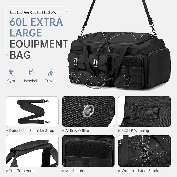 Gym Bags for Men with Shoe Compartment 60L Tactical Duffle Bag 3 in 1 Carry on Duffel Bag Travel Backpack Weekender Overnight Range Bag for Workout Football, Black