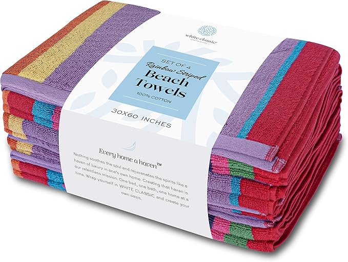 White Classic Cotton Beach Towels Oversized 30 x 60 Inches, Ultra Absorbent and Low Lint Striped Pool Towels for Adults, Unique Rainbow Design Luxury Extra Large Bath Towels, 4 Pack