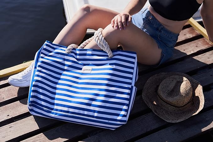 Beach Bag and Pool Bag Has Cooler Pocket, 7 Pockets Total, Zip Top. Family Size Waterproof Beach Tote