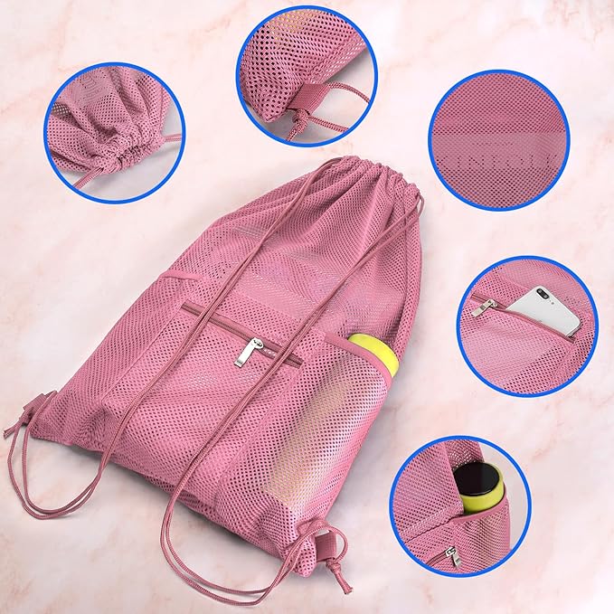 NATURAL STYLE Mesh Drawstring Backpack Bag, Gym Sports Bag with Zipper Pocket Bottle Holder, String Beach Bag for Swiming Travel (Pink)