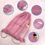 NATURAL STYLE Mesh Drawstring Backpack Bag, Gym Sports Bag with Zipper Pocket Bottle Holder, String Beach Bag for Swiming Travel (Pink)