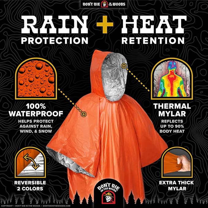 Don't Die In The Woods - Rain + Heat Emergency Poncho - Wearable Mylar Space Blanket For Hiking, Camping, First Aid, Survival