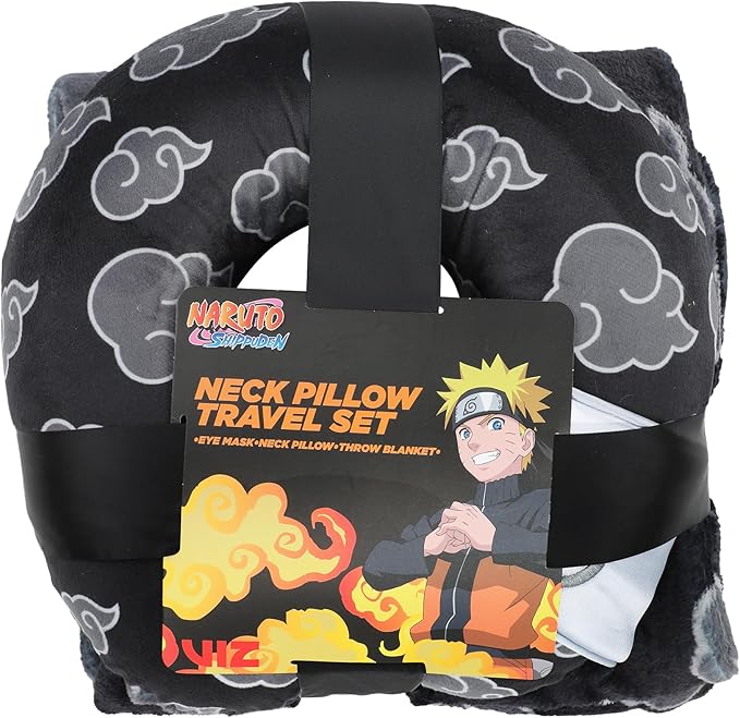 Bioworld Naruto Gray Clouds 3-Piece Neck Pillow Travel Set with Eye Mask & Blanket