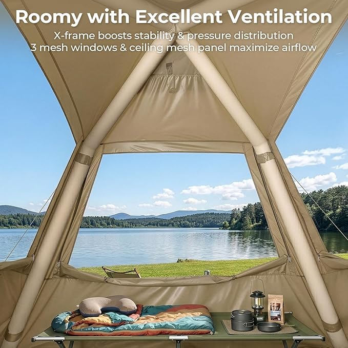 VINGLI Inflatable Camping Tent, All-Weather Inflatable Hot Tents with Stove Jack, Blow Up Tent for Camping with Mesh Doors & Windows, Inflatable Air Tents for Camping Adult