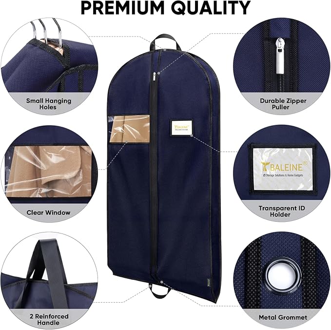BALEINE 2PK Heavy Duty Garment Bag with Shoe Storage Travel Bag for Dresses, Suit, Coats Travel Essential (43", Blue)