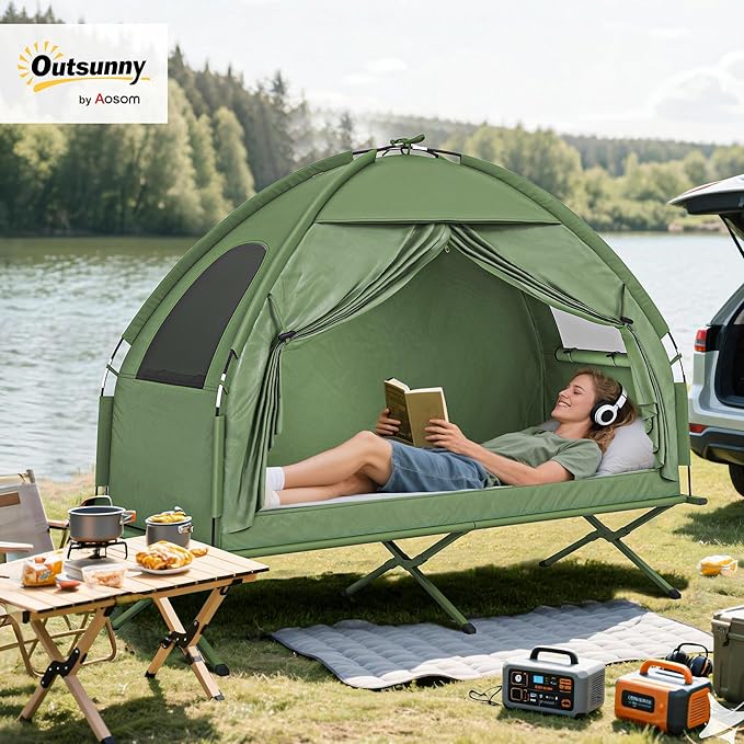 Outsunny Camping Tent Cot, Single Person Folding Cot Combo, Off-Ground Tent, Covered Outdoor Bed with Carry Bag for Hiking, Camping